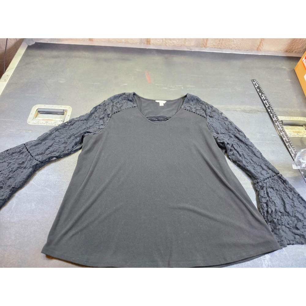 Est. 1946 Womens XL Black V-Neck Blouse Lace Bell Sleeve Crochet Trim Top